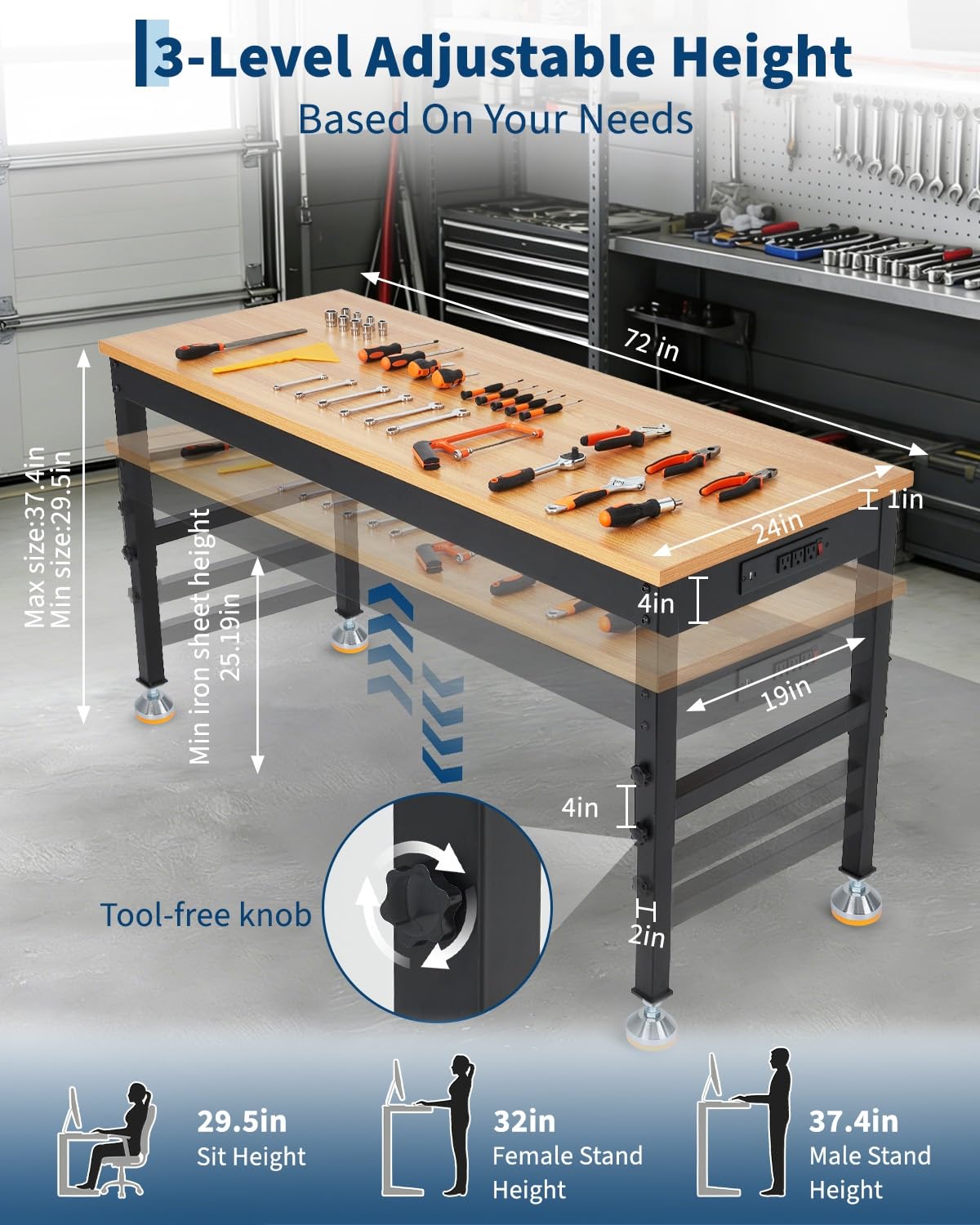 Garvee 72 in Work Bench, Adjustable Height Workbench, Heavy Duty Rubberwood Tabletop with Built-in Power Outlets, 2500 LB Wood Top Work Table for Garage, Workshop, Repair Shop, Home, Office
