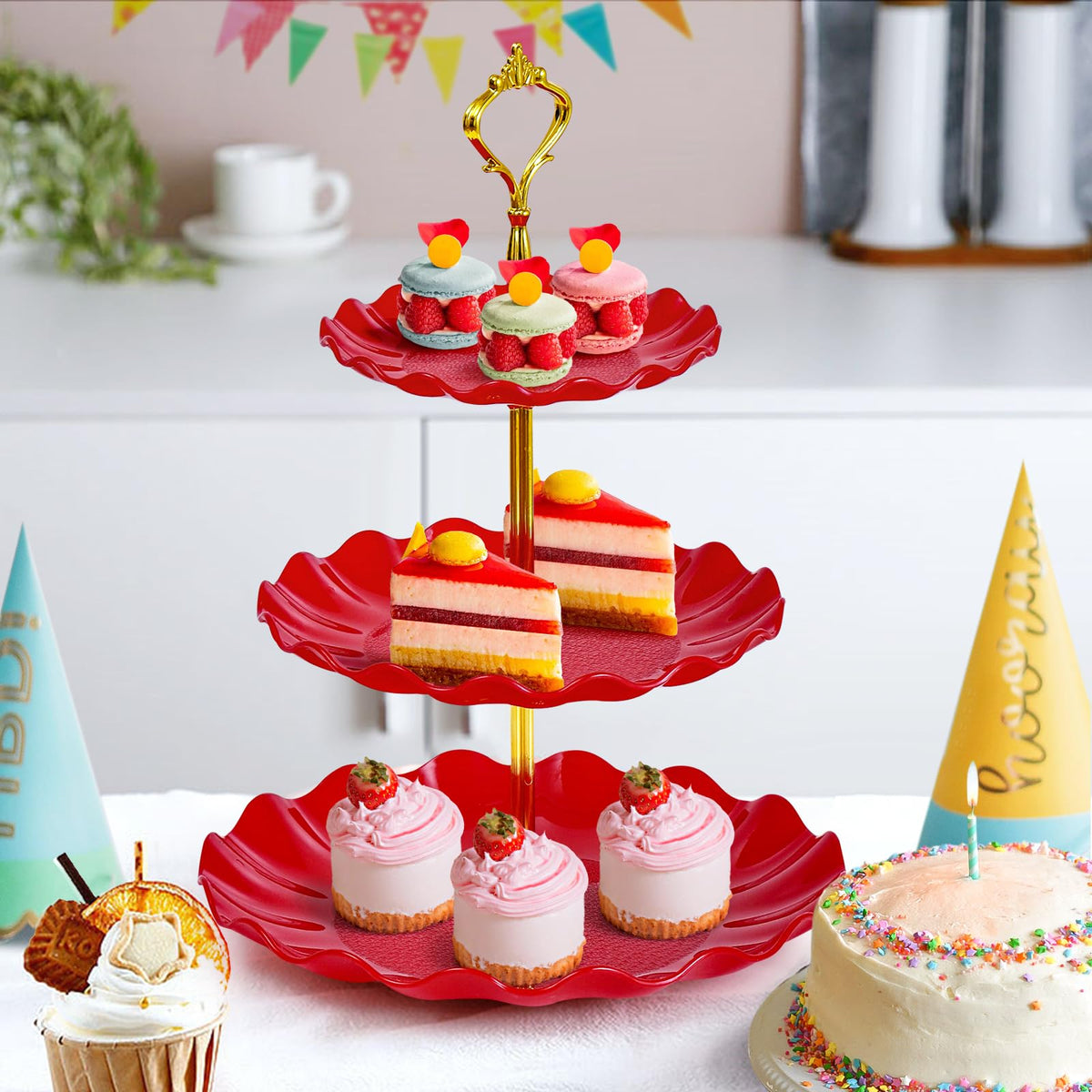 Soleebee 3-Tier Cupcake Stand, Wavy Plastic Tiered Serving Tray, Cup Cake Tower for Birthday Wedding Party Decoration, Cupcake Tier Stand Fruits Desserts Display 2 Pack (Red)