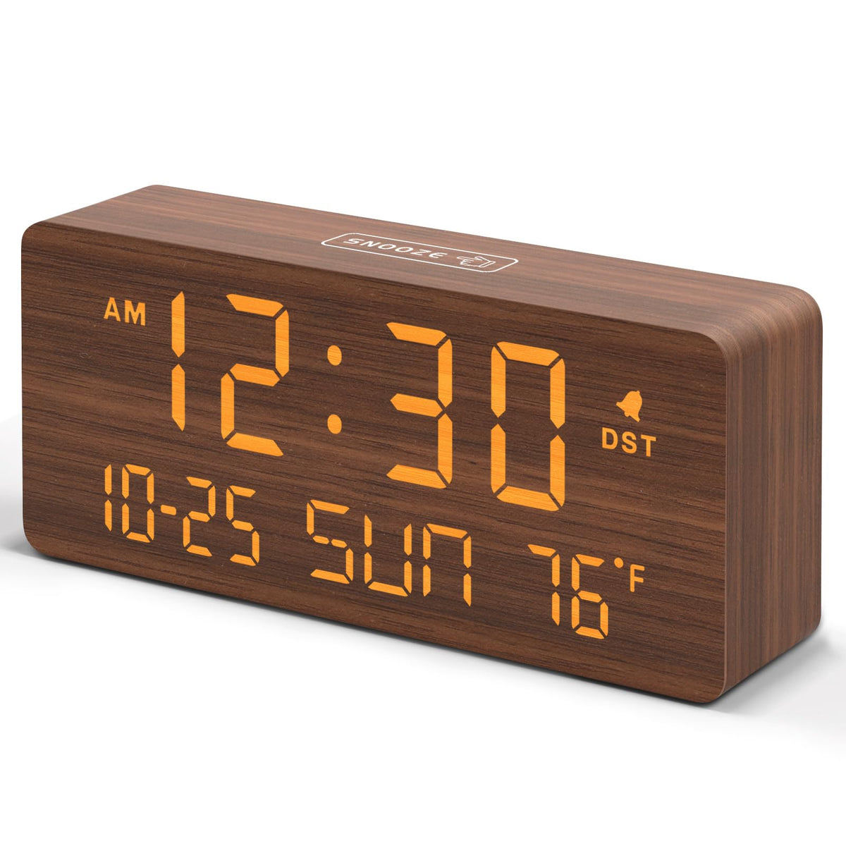DreamSky Wooden Digital Alarm Clocks for Bedrooms - Living Room Desk Clock with Date and Day of Week, Temperature, USB Port, Dimmer Wheel, Adjustable Volume, Auto DST, Wood Decor for Office Table