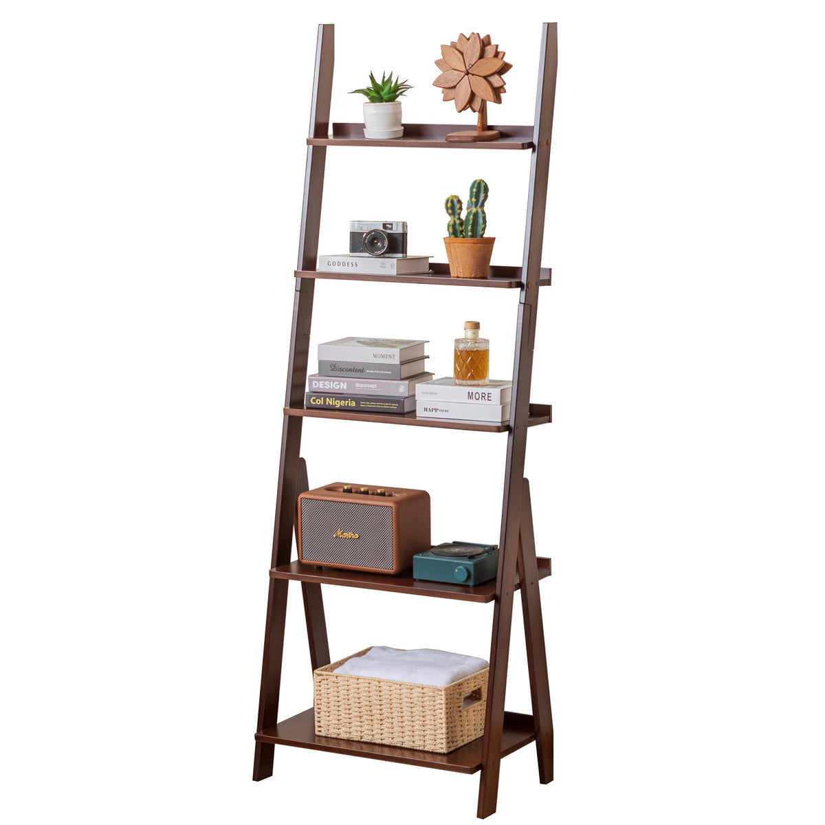 Maydear Bamboo Ladder Shelf Bookcase, 5-Tier Leaning Bookshelf Free Standing Organizer Storage Shelves for Living Room, Bedroom, Kitchen, Home Office, Balcony, Dark Walnut