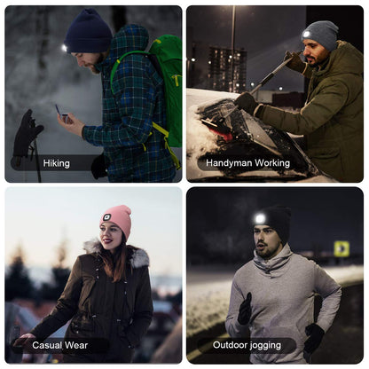 YunTuo Rechargeable LED Beanie with 4 Lights - Unisex Winter Knit Cap with USB Flashlight for Men and Women (Grey)