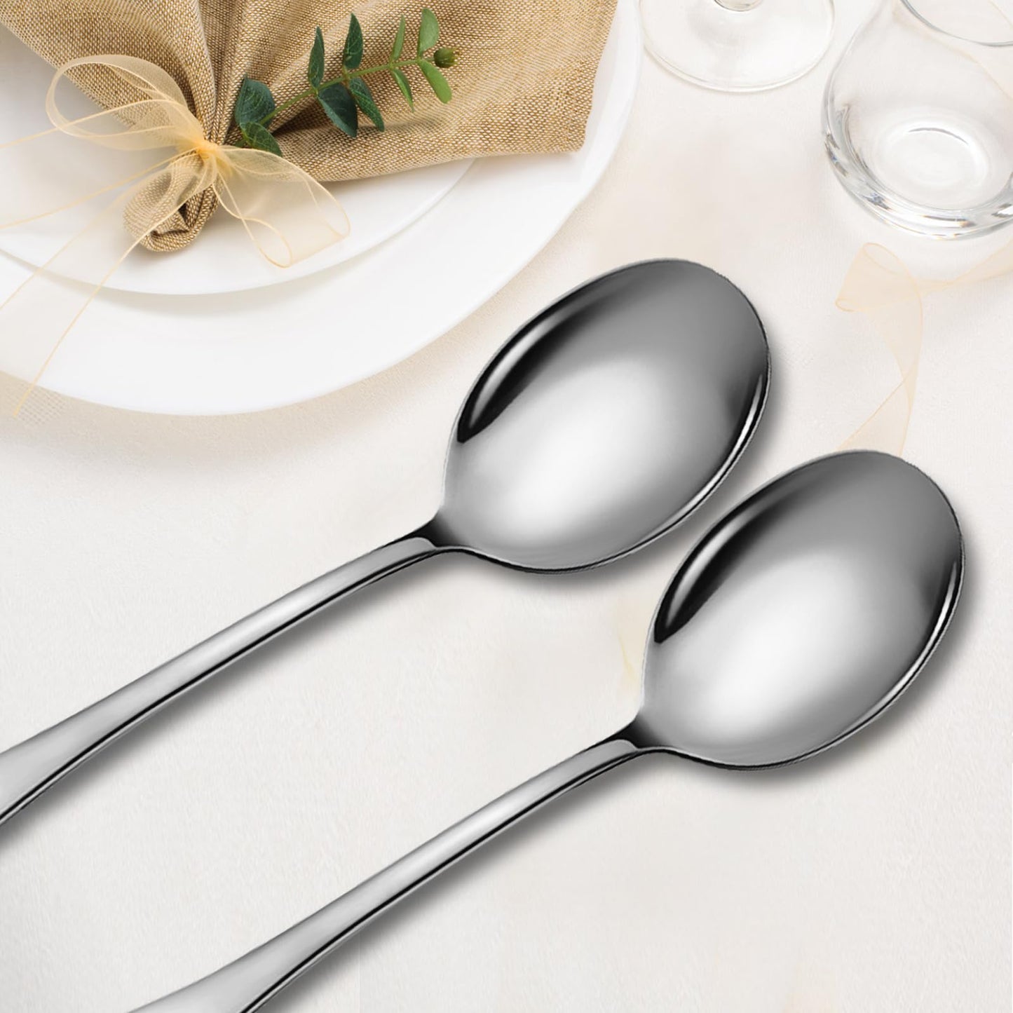 Keyoxy Stainless Steel Serving Spoons Set, 6pc, 10-Inch, Includes 6 Large Spoons, for Parties/Kitchen/Buffet/Catering, Dishwasher Safe