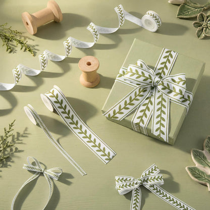 Cunno 3 Rolls Leaf Ribbon Decorating Material White Green Jacquard Ribbon Party Accessory for Curtain Home Decor Sewing DIY Gift Wrapping Crafts, 0.4, 0.87, 1.5 Inch Wide, 15 Yard