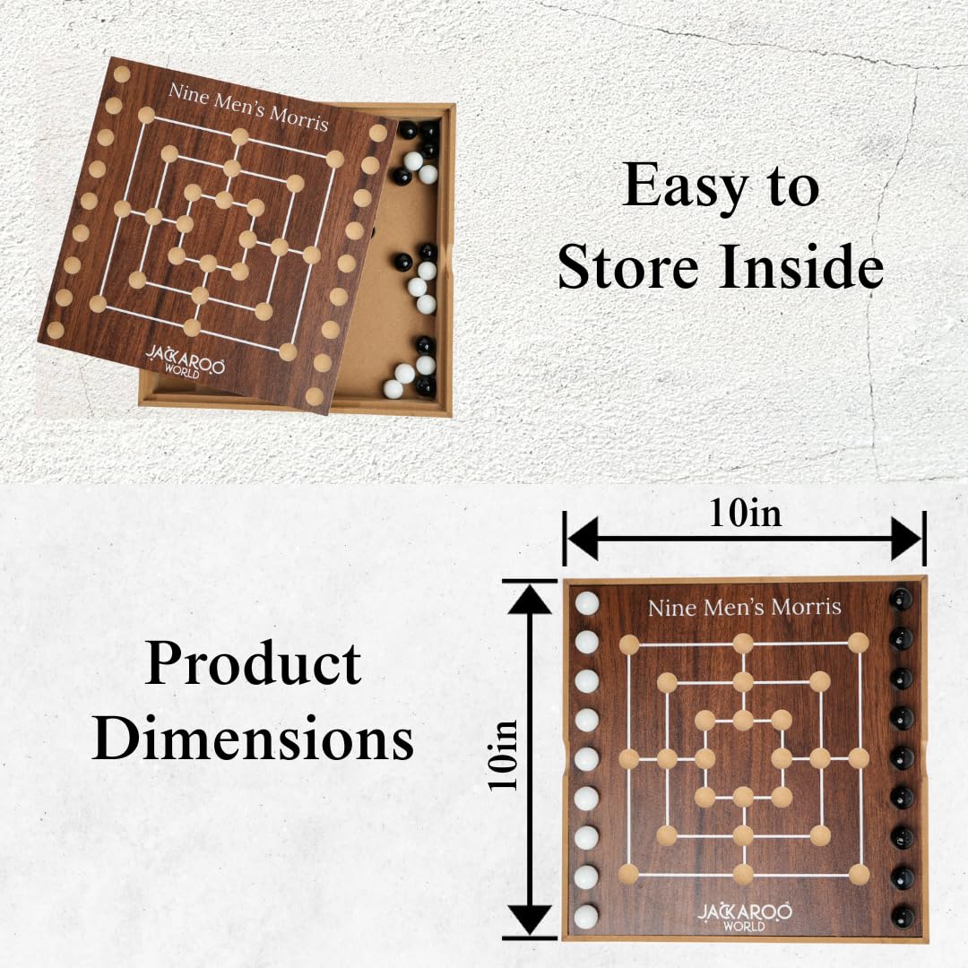 Jackaroo World Nine Mens Morris Board Game, Marble Strategy Game, Solid Wooden Game Set with 18 Marbles, 2 Player Games, Ancient Board Games, 9 Mens Morris Game Mill, Marble Board Game Wooden (Walnut)