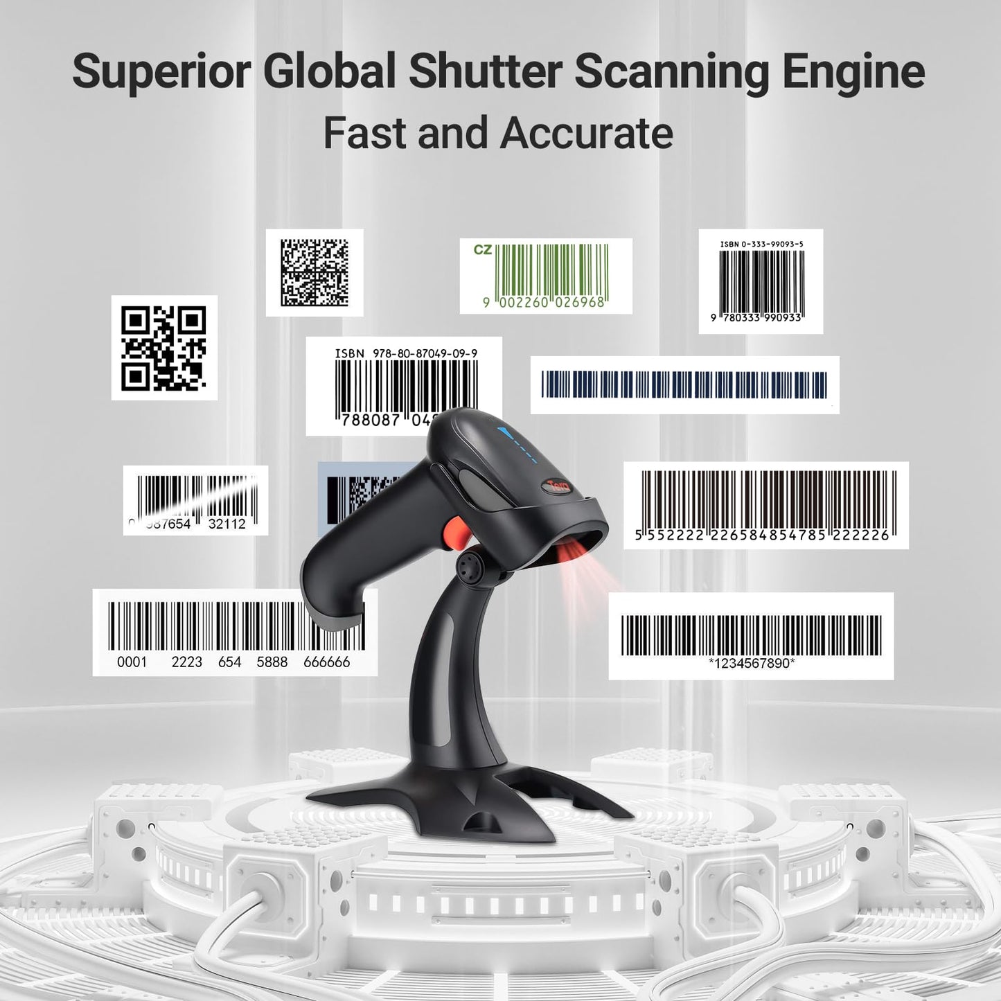Tera Barcode Scanner Wireless 1D 2D QR with Stand: Battery Level Indicator 3 in 1 Works with Bluetooth 2.4G Wireless USB Wired Handheld Bar Code Reader with Vibration Alert HW0002 Grey