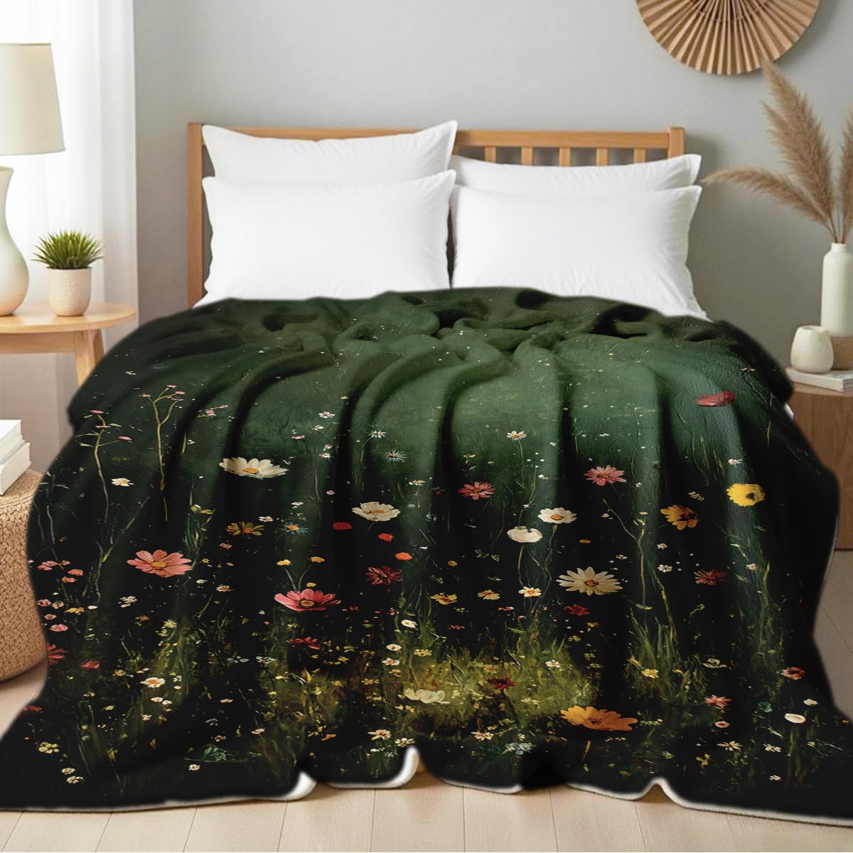 HUNXIAOJ Wildflower Print Blanket Flower Throw Blanket for Couch Bed Chair Soft Green Floral Flannel Throw Wildflower Decor Gifts (49"x59")
