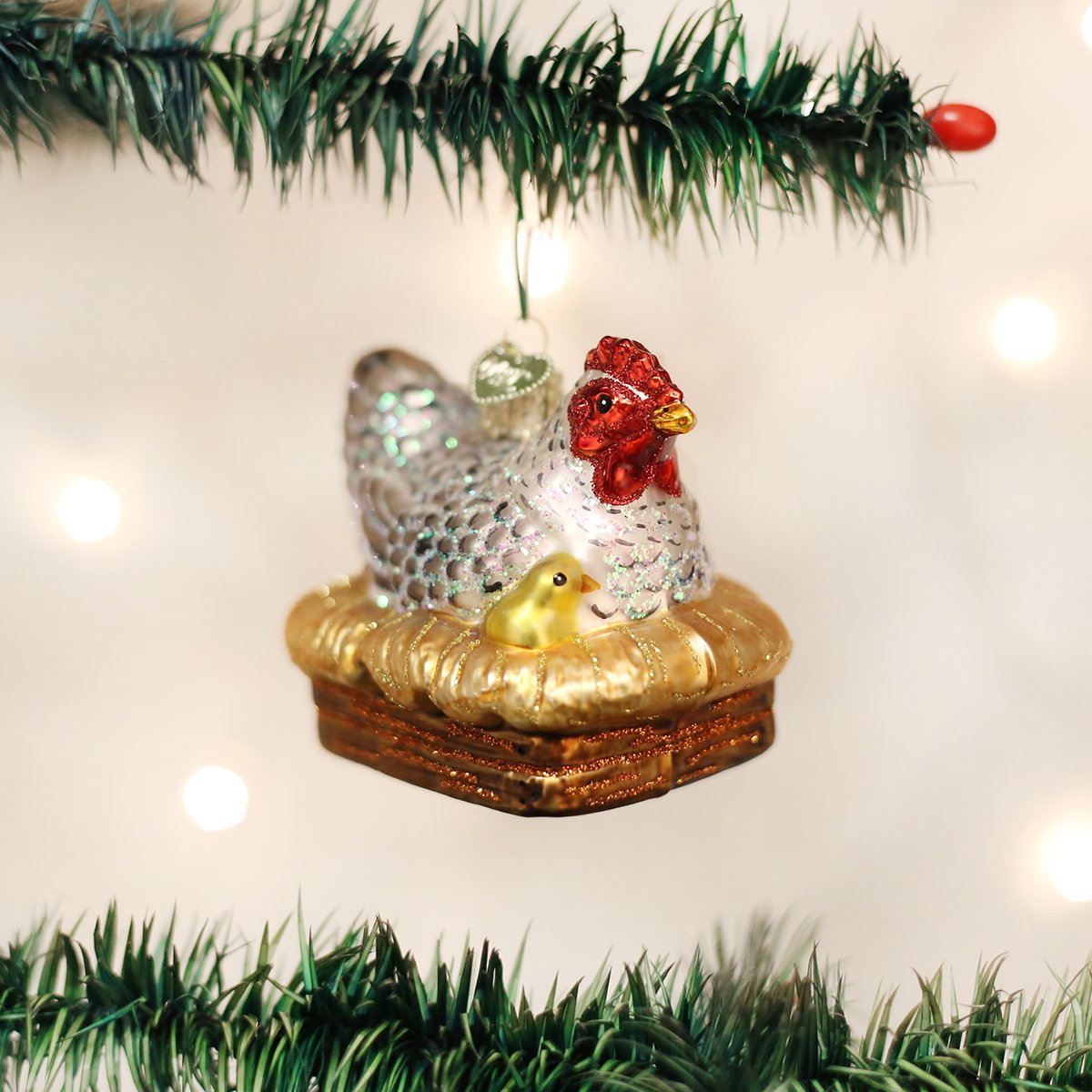 Old World Christmas Hen on Nest Glass Blown Ornament for Christmas Tree, Handcrafted Holiday Decoration, Farm Animal Collection