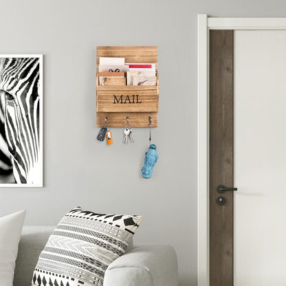 DLQuarts Mail Organizer with Key Holder for Wall Decorative Mail Sorter Wall Mounted, Wooden Mail Holder with 3 Hooks, Carbonized Brown