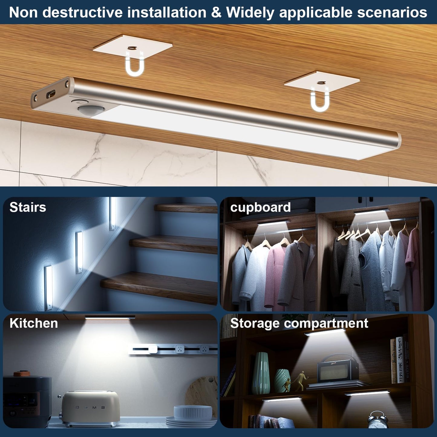 JEKEMORYE Under Cupboard Kitchen Lights LED - White 20CM 3 Pack - with 2 USB Cables