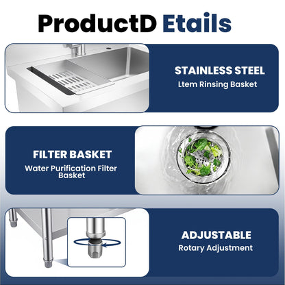 31 Inch Laundry Room Stainless Steel Utility Sink Single Bowl, with Retractable Hot & Cold Faucet, Hose and Drain Kit for Daily Household Use
