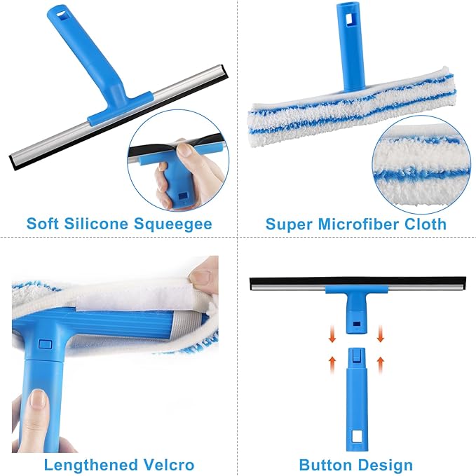 Window Cleaner with Long Handle, Glass Cleaning Tools with Silicone Squeegee &