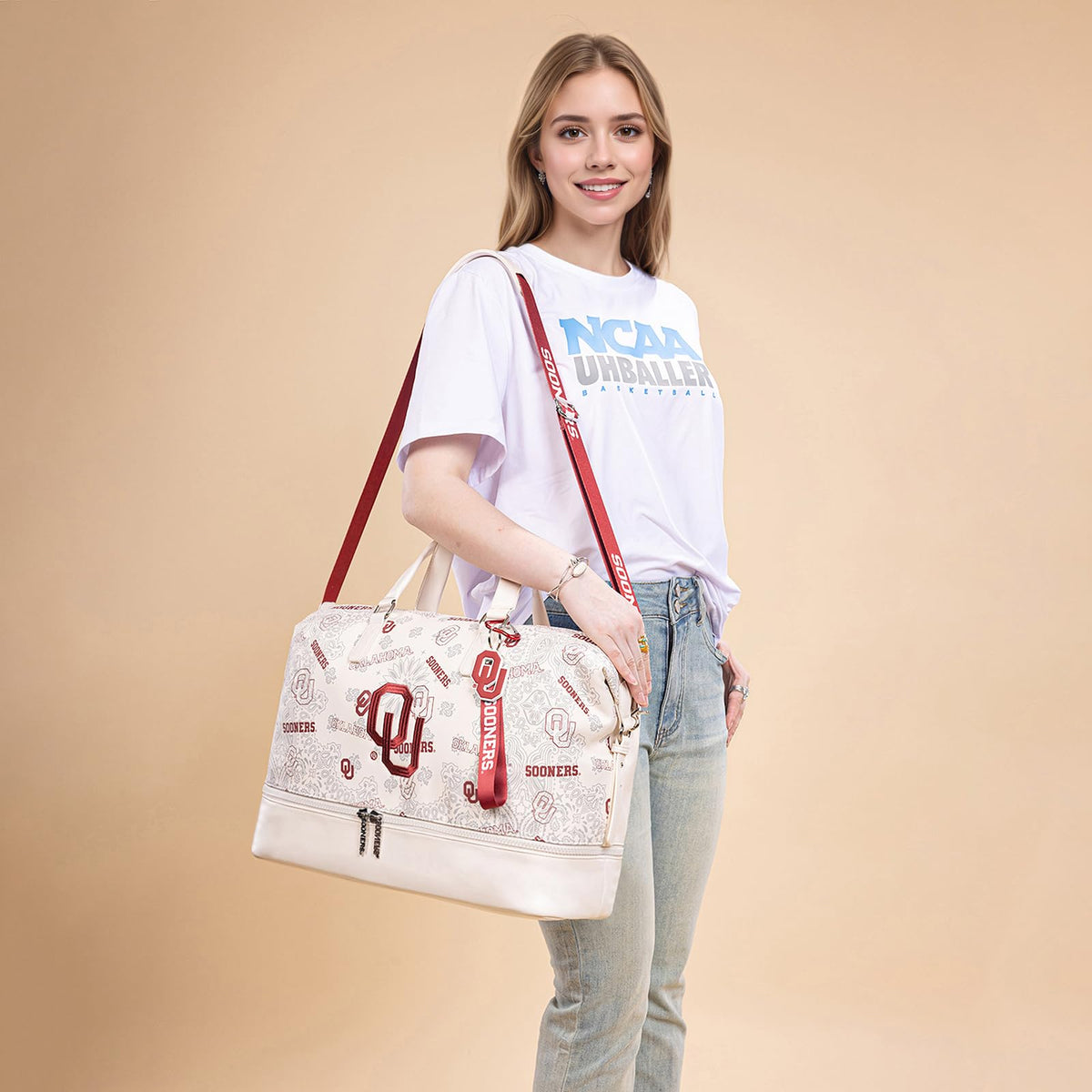 Oklahoma Sooners Duffel Gym Bag with Trolley Sleeve, OU Overnight Duffel Bag for Sport Fan Gifts | Beige, NC-OU008BG