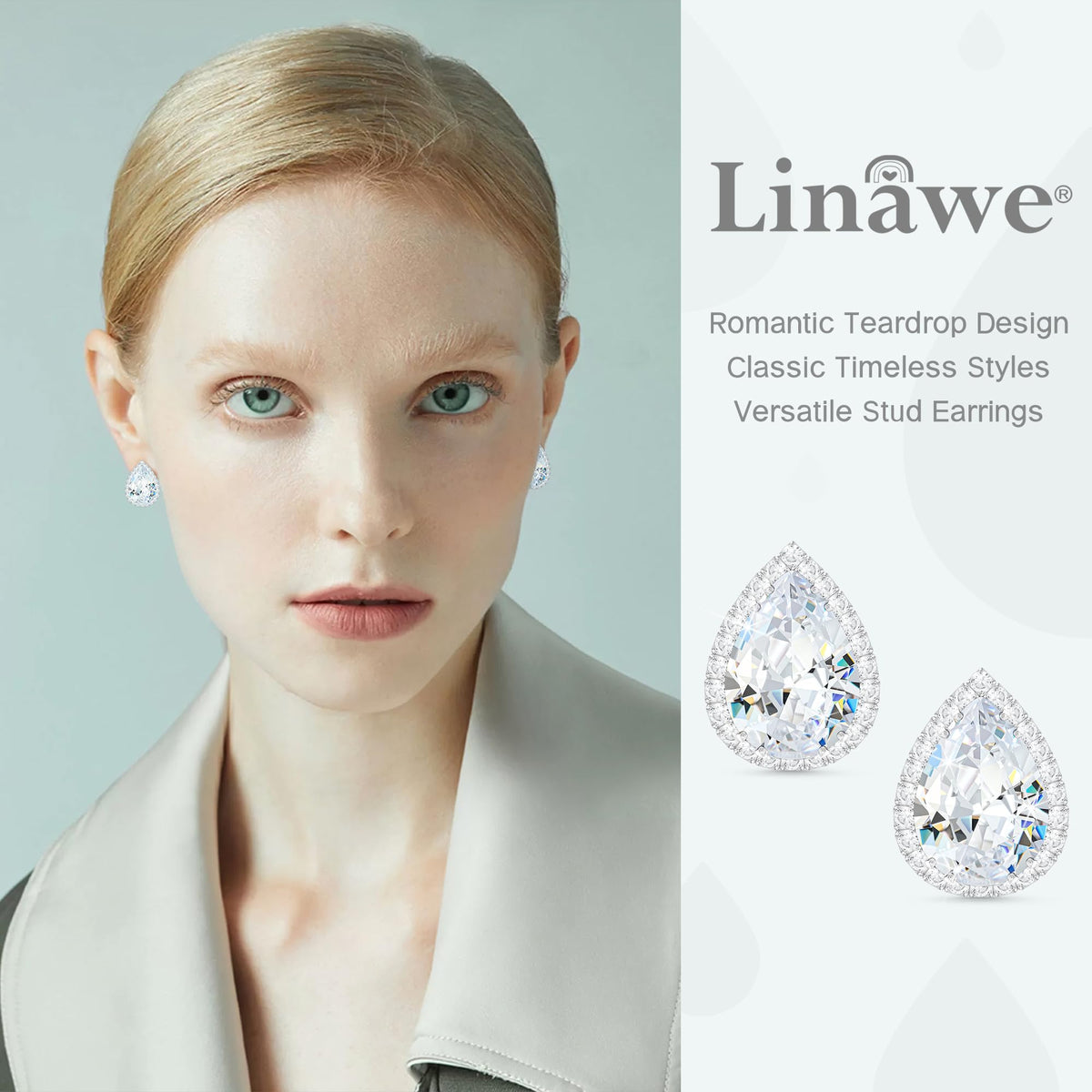 Linawe Silver Stud Earrings for Women Wedding, Cartilage Earrings Studs Imitation Diamond Moissanite Cubic Zirconia Earrings, Teardrop Rhinestone Crystal Piercing Jewelry Iridescent
