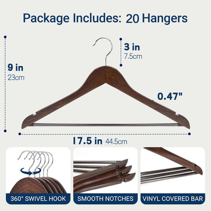 Amber Home 20 Pack Walnut Wooden Coat Hangers, Vintage Wood Suit Hangers with Non-Slip Pant Bar, Clothes Hangers for Closet Organization, Shirts, Jackets, Dresses, and Pants (Retro, 20)