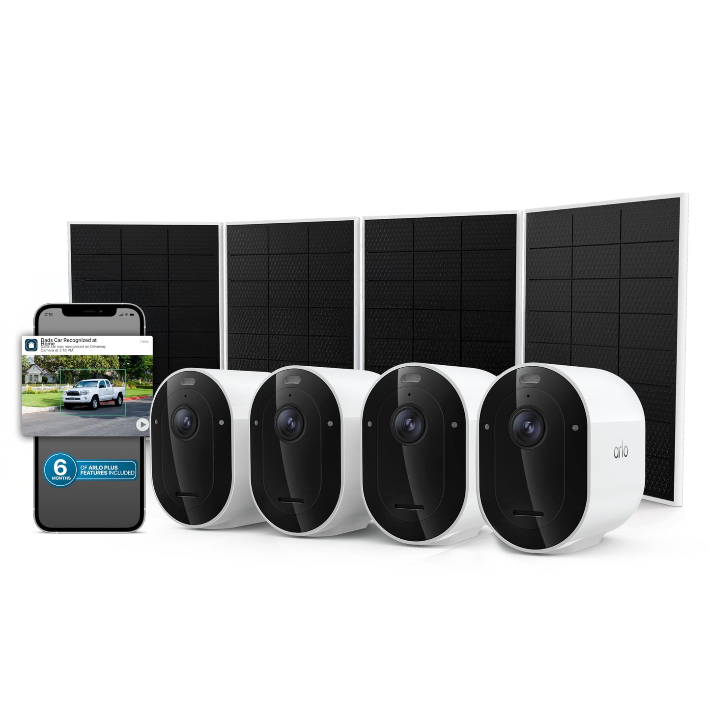 Arlo Pro Security Camera 2K HDR (6th Gen, 2025 Release) 4 Cam + 4 Solar Panels + 6 Months of Secure Plus Plan - Wireless Outdoor Camera, Battery Power, Person, Vehicle & Animal Detection, White