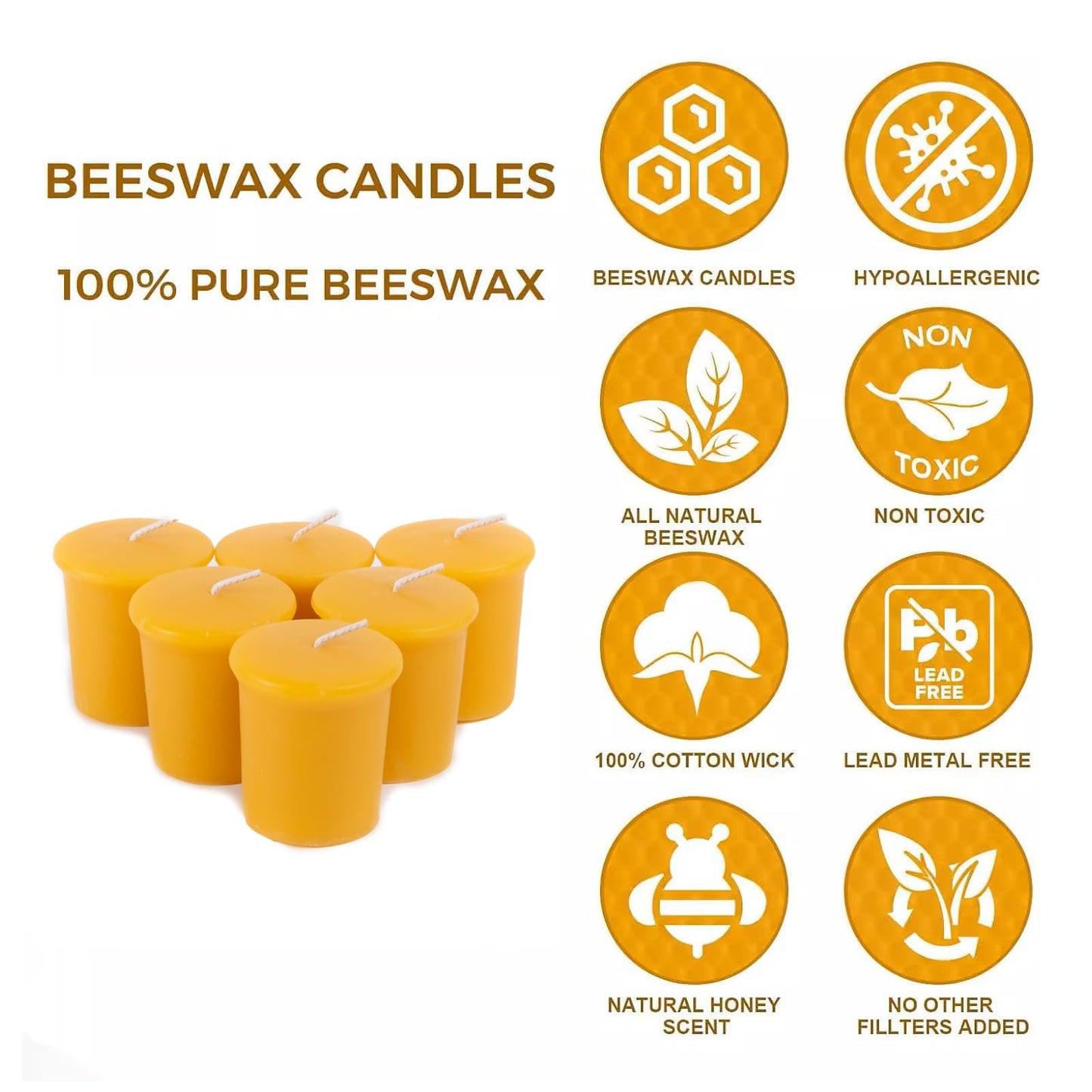 6 Pack Beeswax Votive Candles 2x2 Inch, 10-Hour Burn Time (60 Hrs Total), Smokeless & Unscented 100% Pure Natural Wax Candles for Prayer, Home Decor, Emergency & Weddings