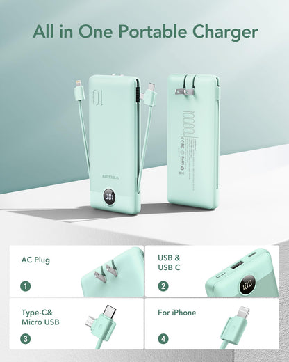 VEGER Portable Charger with Built-in AC Plug and Cables, All in One 10000mAh Ultra Slim Power Bank Travel Essentials, Fast Charging Battery Pack Compatible with iPhone, Samsung, Android (Green)