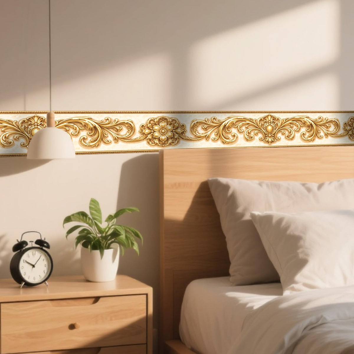 Nuxovilar Wallpaper Border Peel and Stick 3.94x16.4Ft PVC Removable Self-Adhesive Bathroom Kitchen Living Room (Gold Baroque Floral Scroll Pattern)