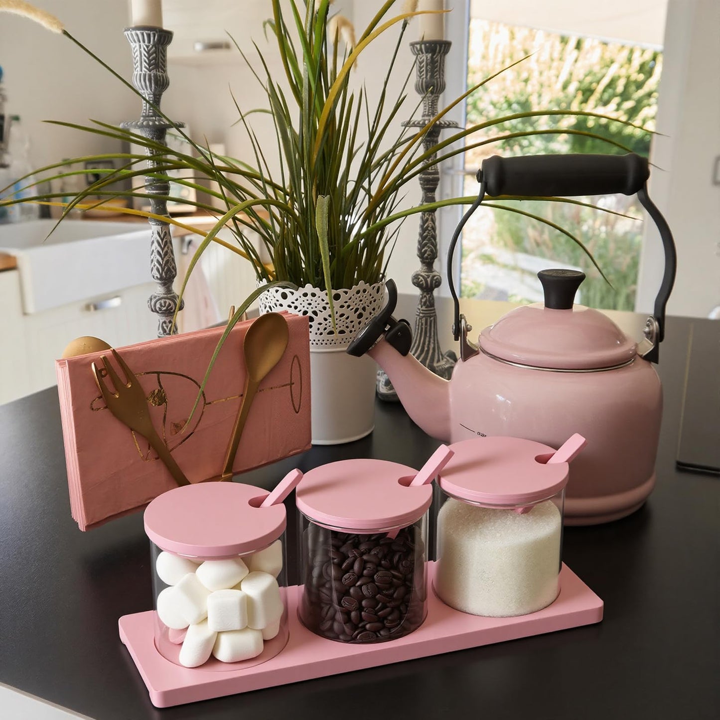 Willinglong 3 Pcs Coffee Bar Accessories Set Glass Condiment Jars with Wooden Lids Spoons, Spice Jar Set with Tray, Sugar Tea Containers for Coffee Station Organizer Kitchen Decoration(Pink)