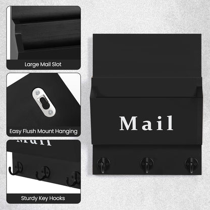 Lucundm Mail and Key Holder - Decorative 8.86" x 11.42" Wall Key Hanger with 2 Mail Organizer Slots and 3 Hooks - Real Paulownia Wood with Keyhole Brackets, Hardware and Instructions (Black)