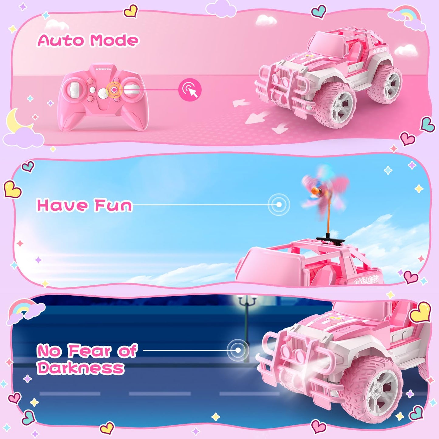 DEERC Remote Control Cars with Windmill, 1:18 Scale Jeep RC Car, 80 Min Playtime LED Light Off-Road Pink Radio Monster RC Trucks with Auto Mode, Storage Case Toys Car Gifts for Girls Kids 3 4 5 6 7 8