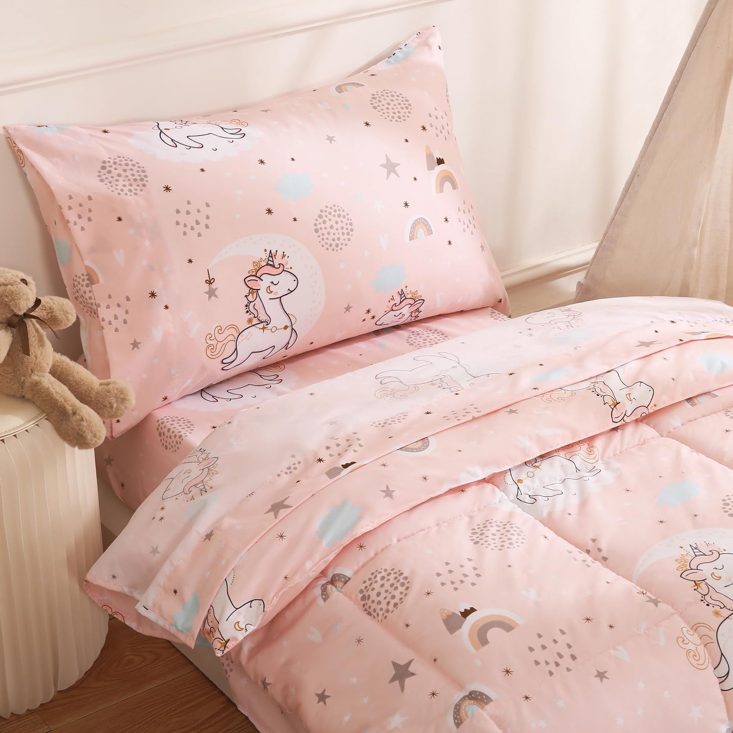 JSD Pink Unicorn Toddler Bedding Set, 4 Piece Bed-in-a-Bag Toddler Microfiber Comforter Sheet Set, Oeko-Tex Certified All Season Machine Washable