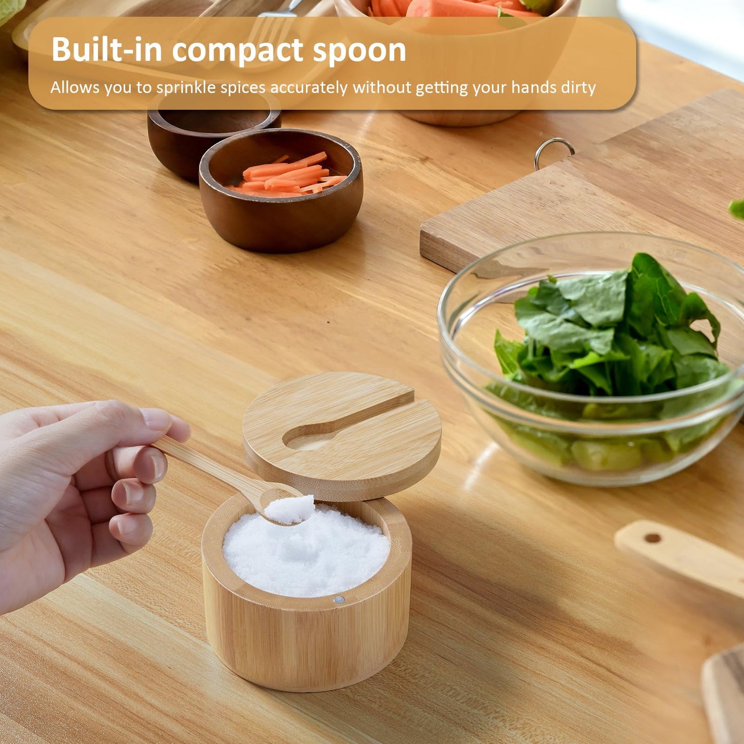 OUTNILI Salt Box Bowl with Lid and Spoon - Bamboo Salt Cellar with 360° Swivel Lid - Salt Container Holder for Sea Salt Herbs or Favorite Seasonings, 7 Ounce Capacity