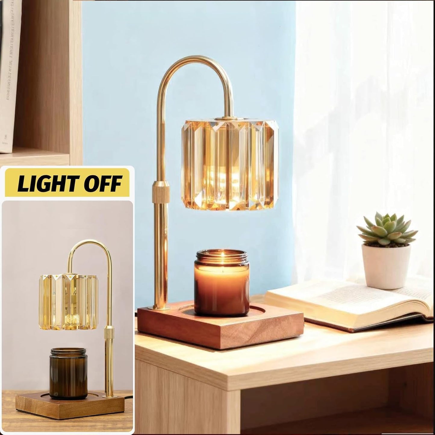 Yuichoy Candle Warmer Lamp with Timer, Dimmable Electric Candles Wamer Adjustable Height, Gifts for Women Mom, Glass Modern Candle Melter Lamp, Amber