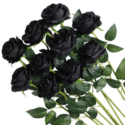 Veryhome Halloween Artificial Flowers Silk Black Roses Real Touch Bridal Wedding Bouquet for Home Garden Party Floral Decor 10 Pcs (Black)