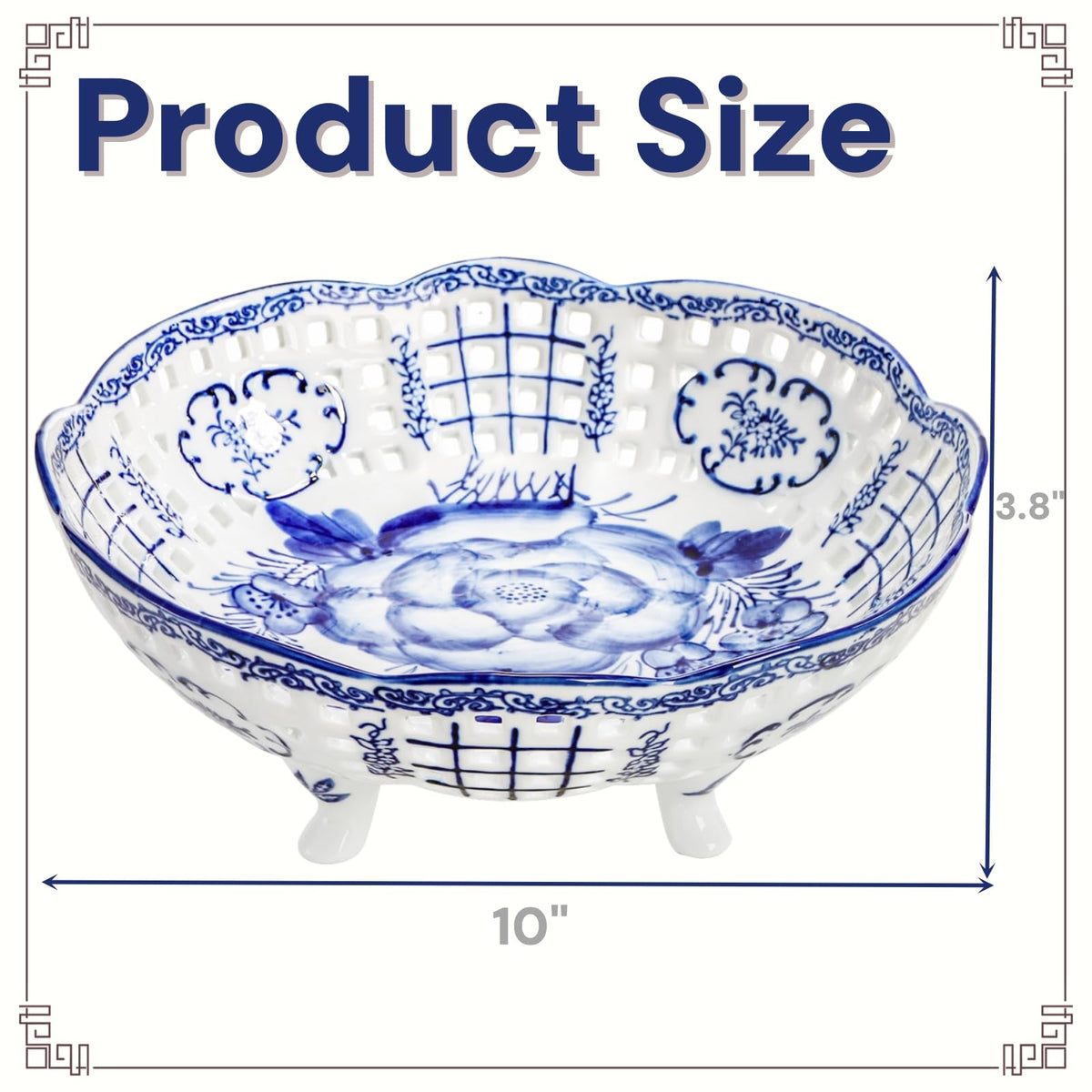 YIMITEE 10 Inch Ceramic Fruit Bowl, Blue and White Porcelain Pedestal Fruit Basket, Chinoiserie Decorative Vegetable Holder with Drainage Hole for Kitchen Counter Veggies, Candy, Cookie, Cake