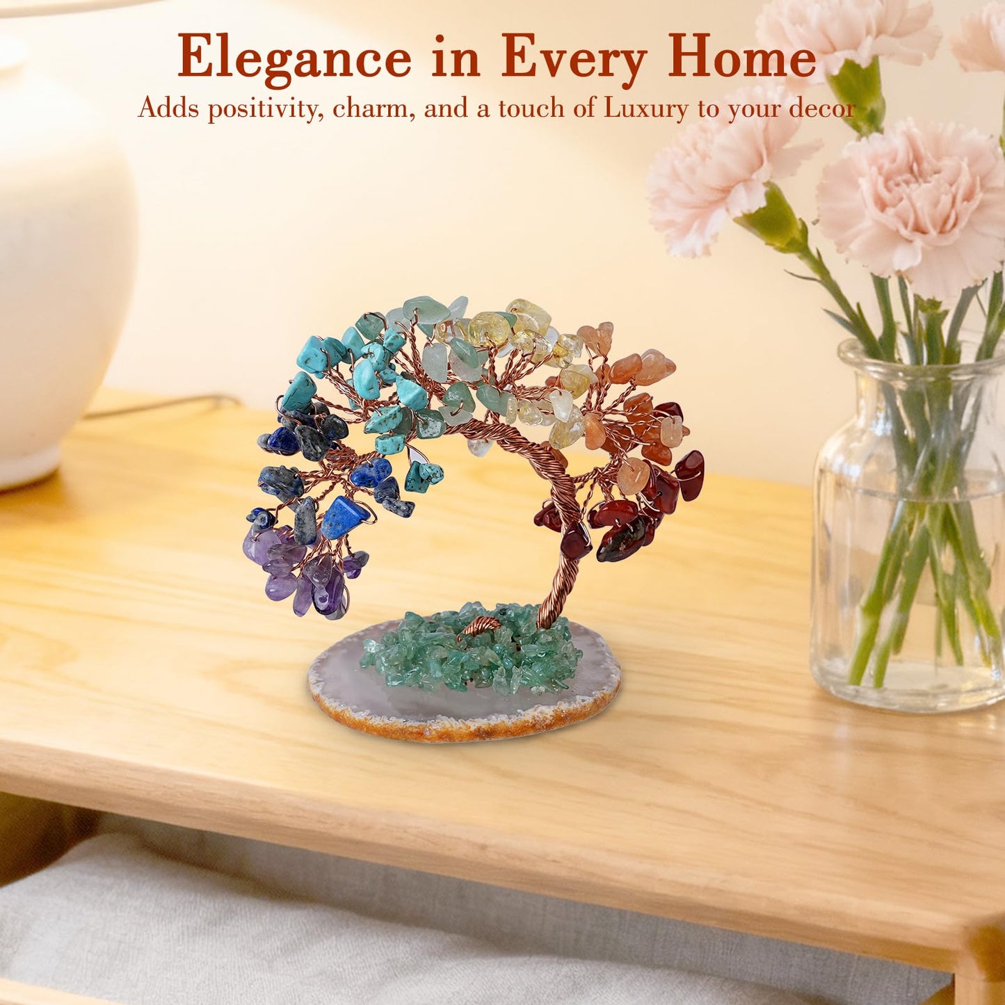 7 Chakra Crystal Money Tree with Agate Base, Fengshui Wealth Bonsai Figurine, Natural Crystal Chip Copper Wire Tree Ornament for Home Office Wedding Decoration (3-4 Inch)