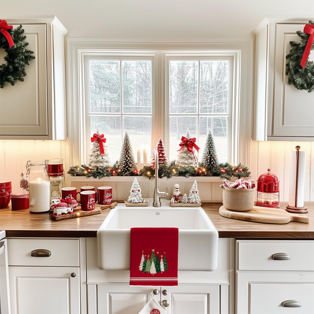 DineDia Merry Christmas Kitchen Towels Set of 2,Red Xmas Tree Dish Hand Towels Holiday Home Indoor Bathroom Party Seasonal Noel Decorations DD025