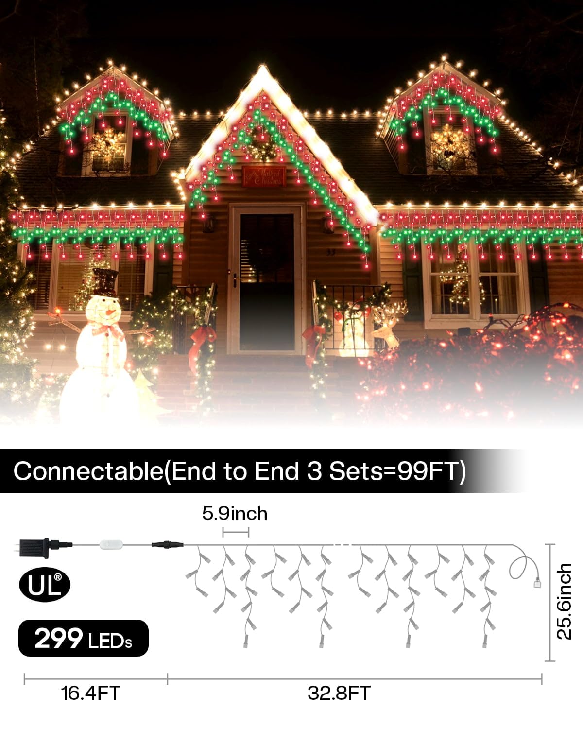 33FT Smart RGB Christmas Icicle Lights – APP Control LED String Lights for Outside, Music Sync, DIY Color Changing, 58+ Modes, Connect 3 Strands (99FT) – Waterproof Icicle for Roof, Tree, House