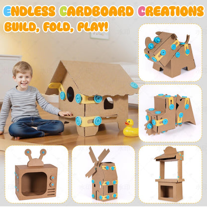 Zentara Kids Cardboard Tool Set, 232-Piece STEM Building Kit with Safe Wooden Cutter, Reusable Bolts & Nuts, Hinges, and Eco Gift Box