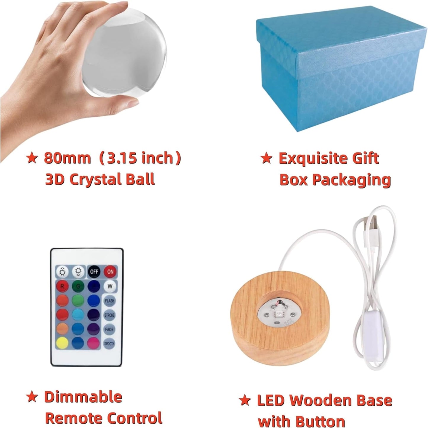 LMLOBEP Large Lotus Crystal Ball Night Light with Woodern Base, 3D Lotus Crystal Lamp 16 Color Changing with Remote Control, Laser Engraved Glass Flower Ball Lamp, Room Decor (Love)