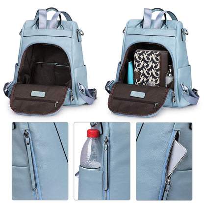 S-ZONE Women Soft Leather Backpack Anti-theft Purse Ladies Waterproof Rucksack School Bag (Blue)