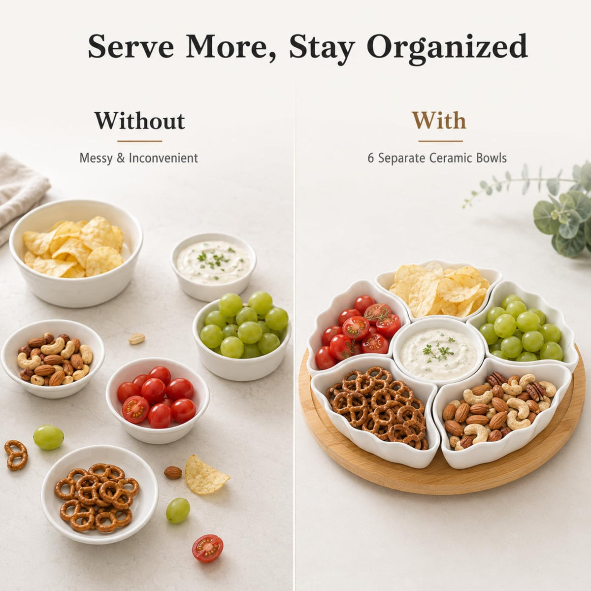 SumitlEyao Porcelain Divided Serving Dishes, Relish Tray, 12'' Serving Tray and Platter with 6 Removable Compartment, for Party, Kitchen Decor, for Chips and Dip, Fruits, and Condiment