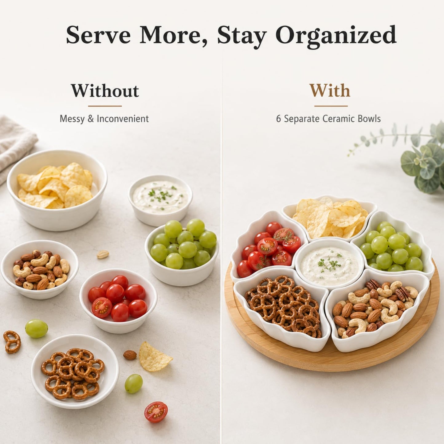 SumitlEyao Porcelain Divided Serving Dishes, Relish Tray, 12'' Serving Tray and Platter with 6 Removable Compartment, for Party, Kitchen Decor, for Chips and Dip, Fruits, and Condiment