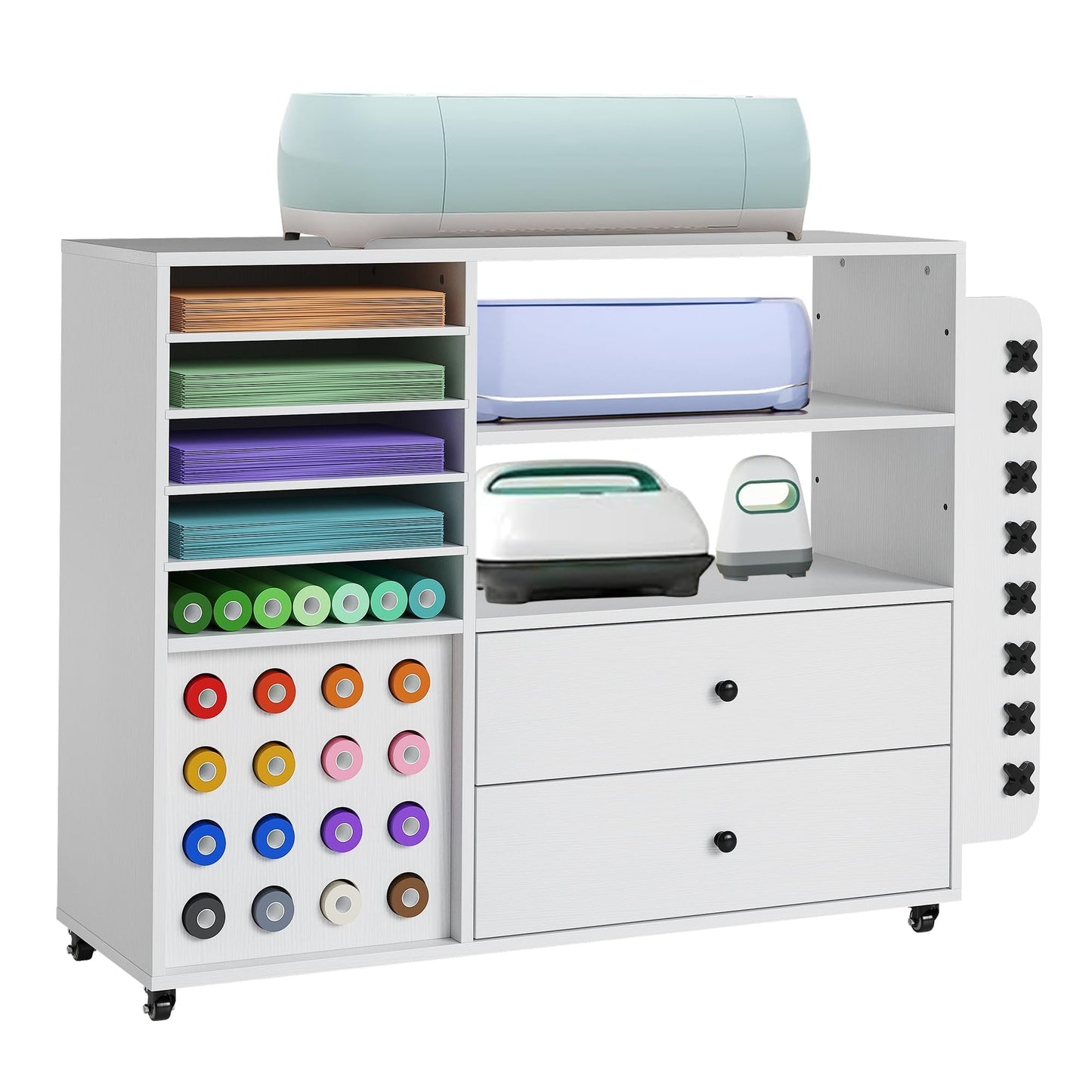 Craft Cart for Cricut Storage Organization, 42'' Rolling Craft Cabinet with 24 Vinyl Roll Holder and 2 Large Drawers Compatible with Cricut Machine White