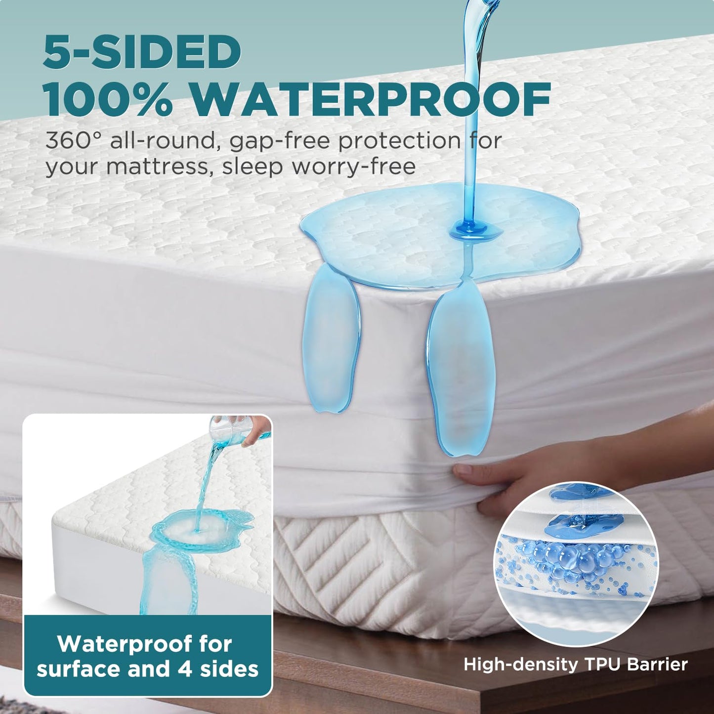 5-Sided Waterproof Mattress Protector, Full Size Quilted Bamboo Rayon Mattress Cover, Breathable Cooling Noiseless Bed Fitted Sheets, Soft Bedding Pad with Deep Pocket Up to 18"