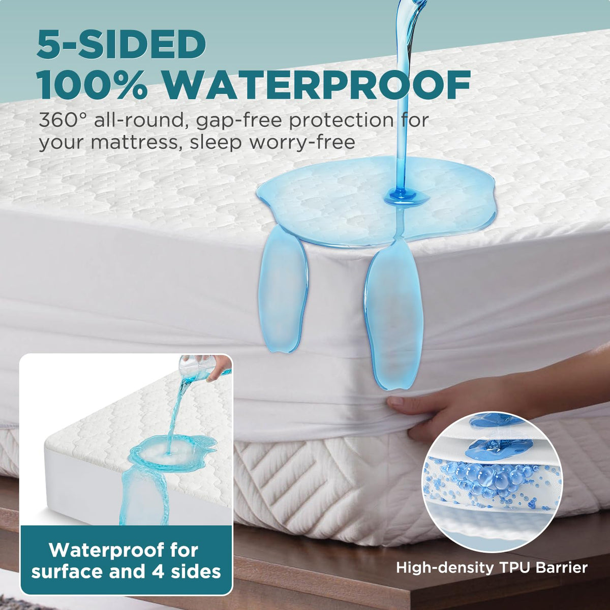 5 Sided Waterproof Mattress Protector, Queen Size Quilted Bamboo Rayon Mattress Cover, Breathable Cooling Noiseless Bed Fitted Sheets, Soft Bedding Pad with Deep Pocket Up to 18"