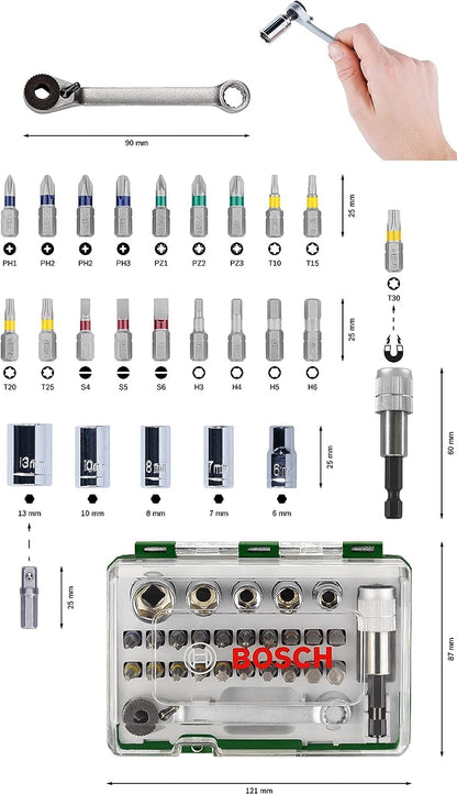 Bosch 27pc.Screwdriver Bit and Ratchet Set (PH-, PZ-, Hex-, T-, S-Bit, Accessories Drill and Screwdriver)