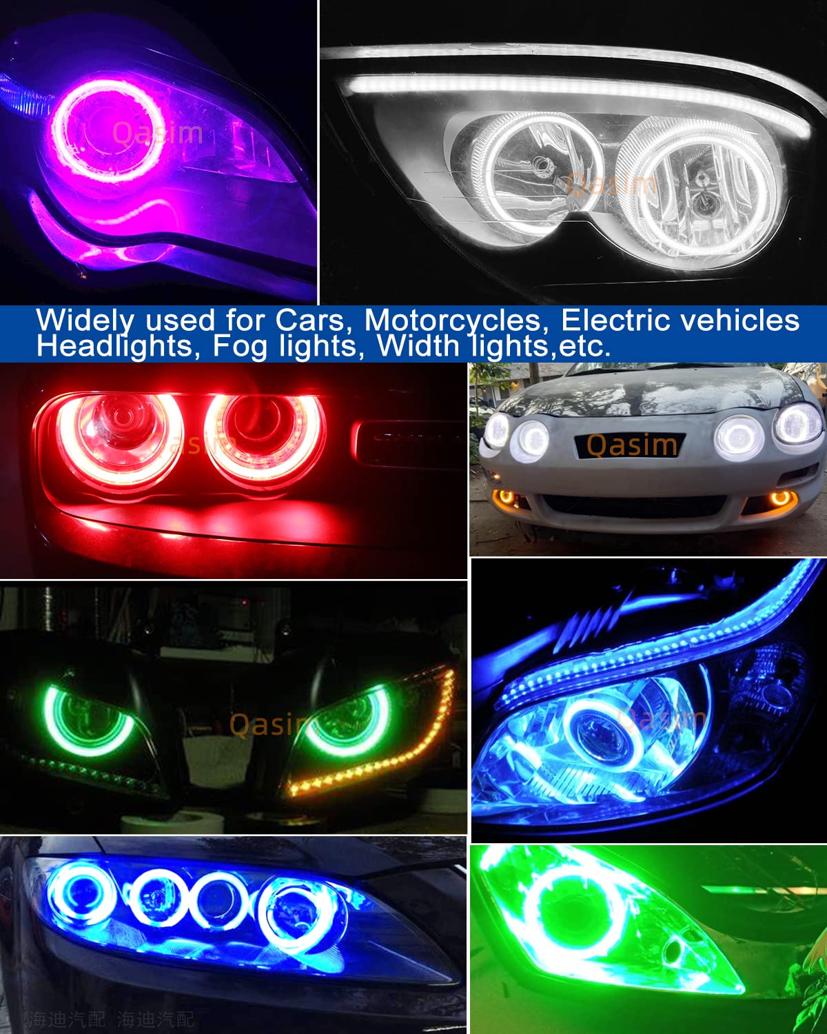 QasimLED 1-Pair 120MM 120SMD COB RGB LED Halo Ring Angel Eyes Universal for Motorcycle Car Headlight Warning Lamp with Cover Bluetooth Mobile APP Control 12V DC
