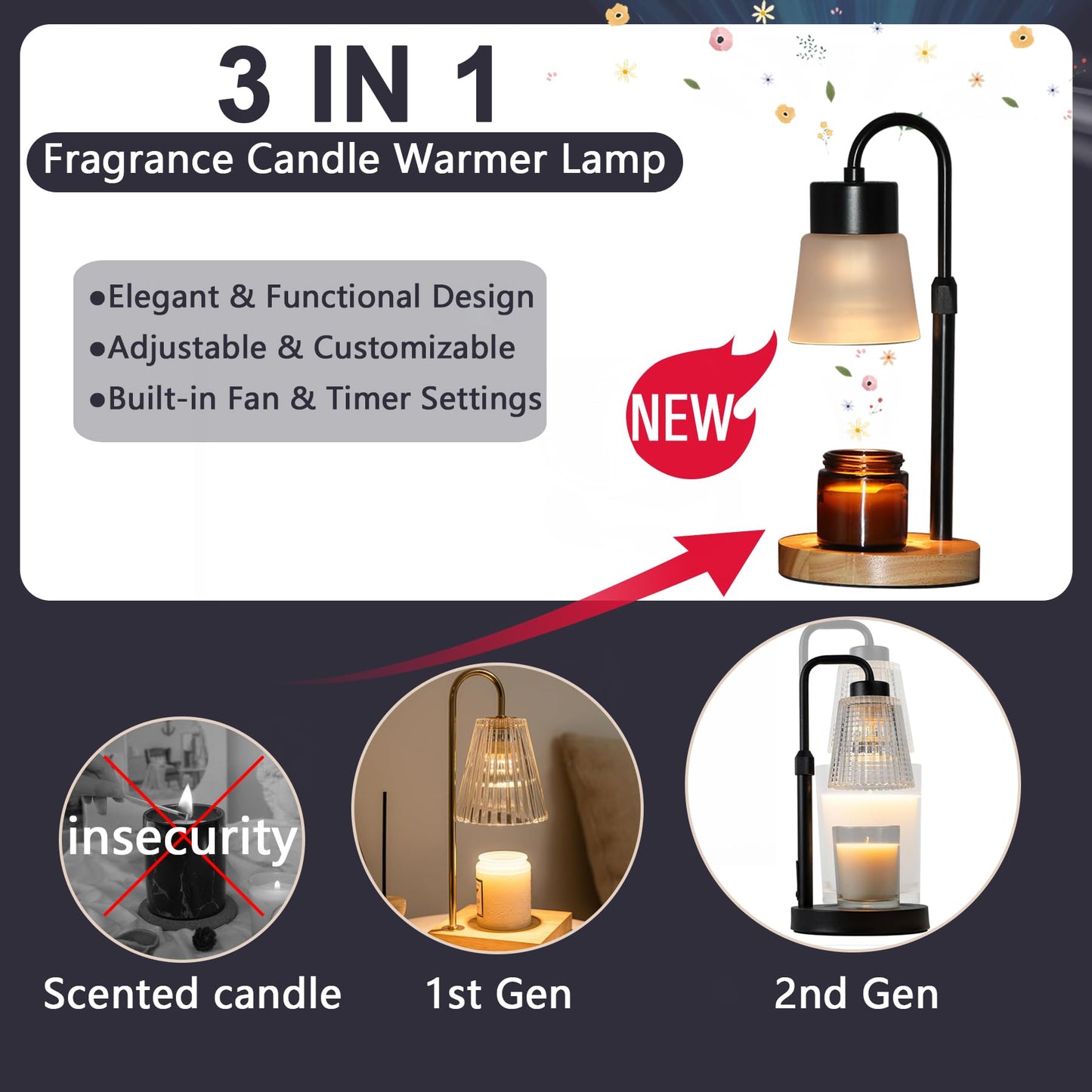 Candle Warmer Lamp Essential Oil Diffuser, Adjustable Height Dimmable Candle Warmer with Timer for Bedroom Living Room Home Decor, Christmas Birthday Gifts for Women, Black with 2 Bulbs