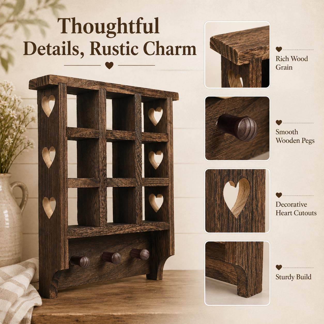 Trinket Shelf, Wooden Heart Shelf, 14 x 12 inch Floating Shelf, Wooden Trinket Shelf with Hearts and Pegs, Figurine Display Shelf, 9 Openings Heart Wall Shelf for Bedroom, Living Room, or Study Room