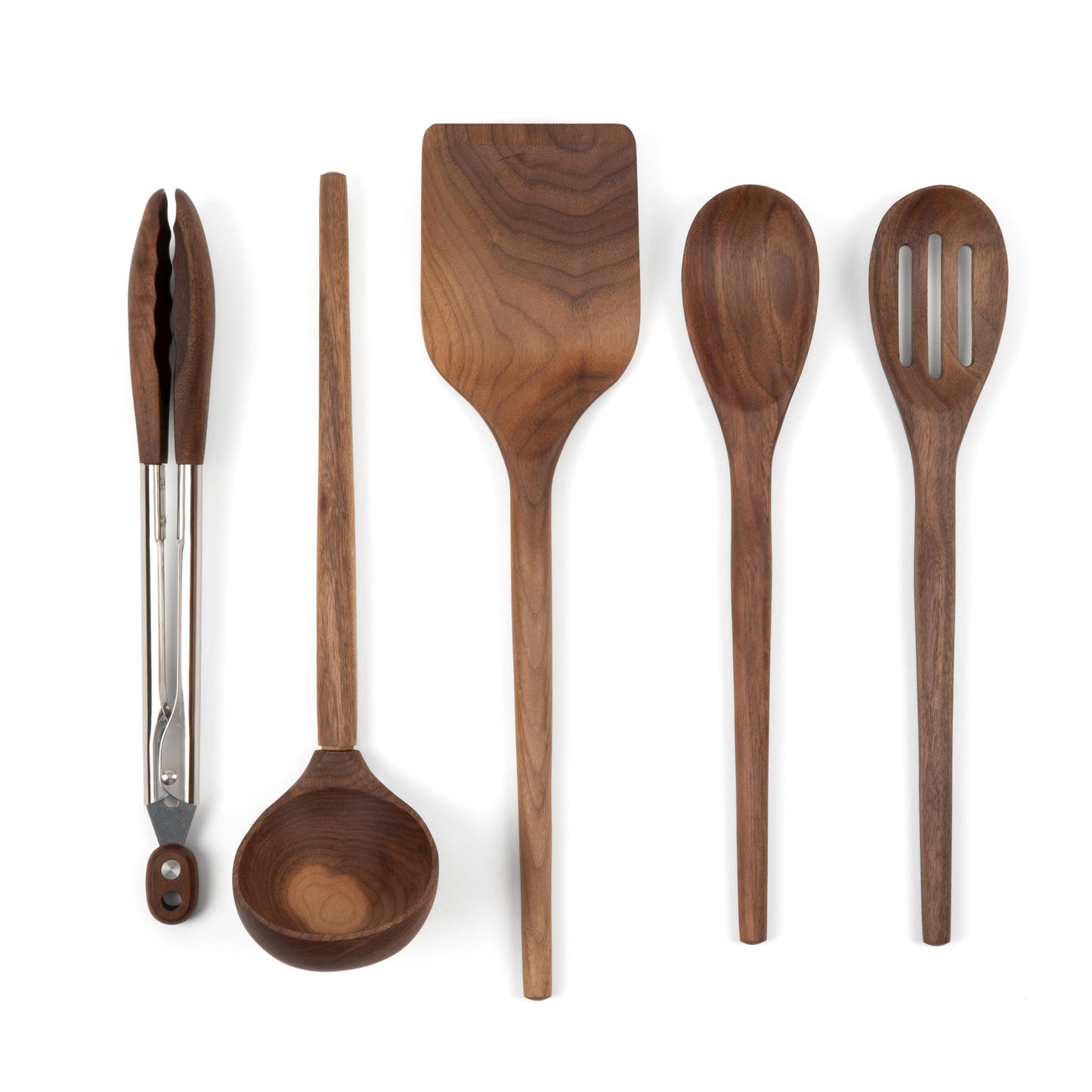 Salt & York 5-Piece Walnut Kitchen Utensil Set with Turner, Tongs, Slotted Spoon, Ladle and 12" Spoon, Farmhouse Style Kitchen & Cookware, Ideal for Entertaining, Wedding and Housewarming Gift