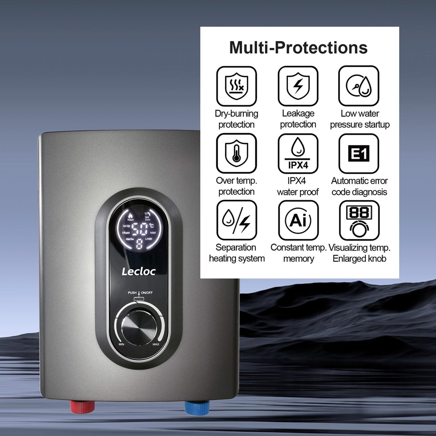 LECLOC Mini Tankless Instant Water Heater Under Sink 3000W 120V Plug In, LED Digital Display with Big Control Knob, IPX4, Multiple Safety Features, 30-55℃ Thermostatic On Demand Electric Water Heater