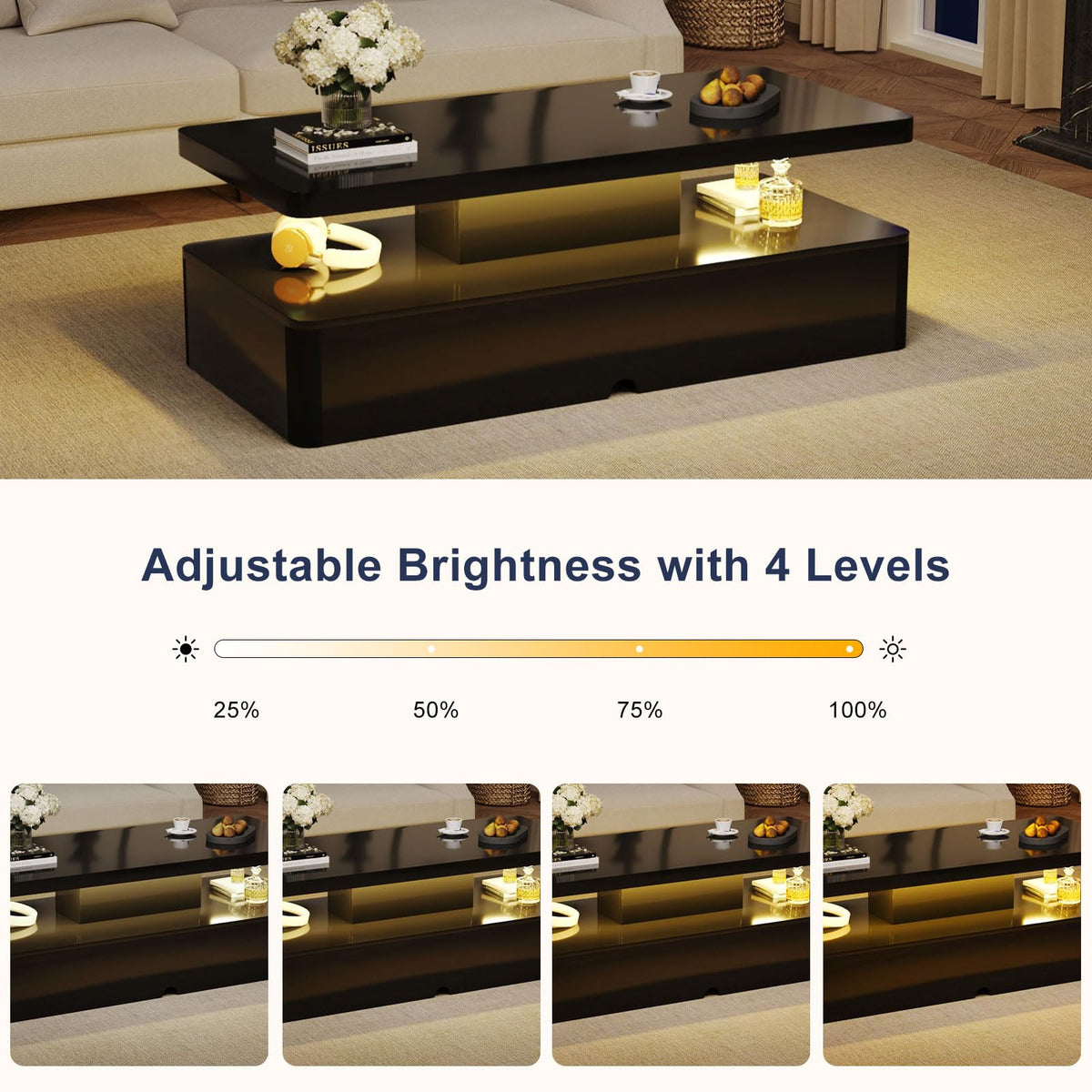 MXV Modern Coffee Table, 40 Inches Coffee Tables with 16 Colors LED Lights, 2 Tier Rectangular Center Table, Large Storage Space, High Glossy Wooden Tea Table for Living Room, Bedroom, Office, Black