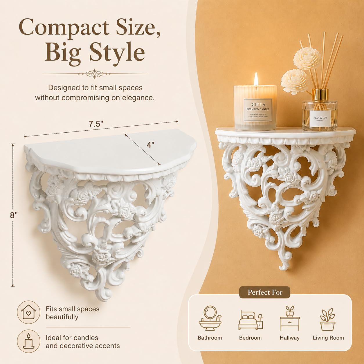 Z metnal Small Victorian Decorative Floating Shelves, Wall Mounted Decor Shelves, Classic Wall Display Organizer, Retro Hollow Carving Art Ornament Rack, Baroque Style Decorative Stand, White, Resin