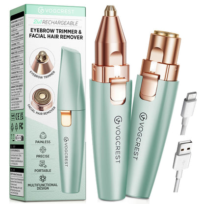 VG VOGCREST Eyebrow & Facial Trimmer: 2 in1 Rechargeable Facial Hair Removal & Eyebrow Shaver - Body Razor with Built-in LED Light (Rose Gold)